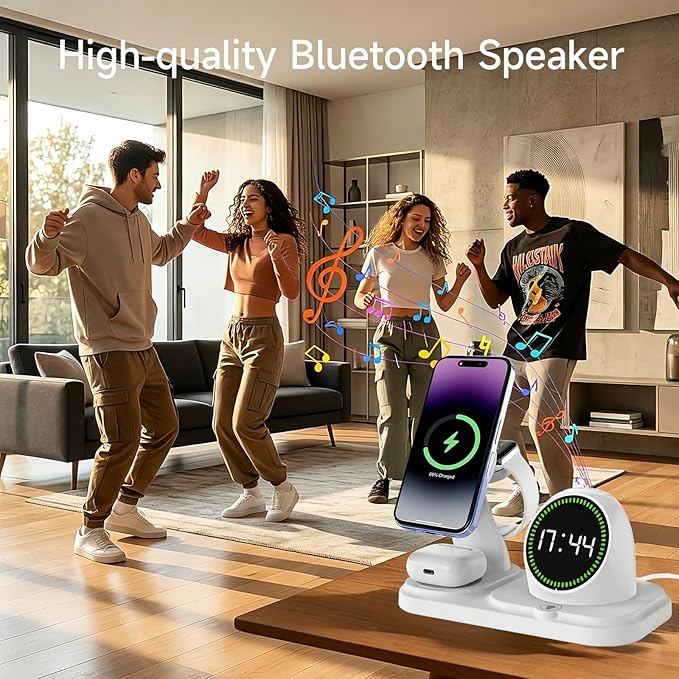 6 in 1 Wireless Charger i-Phone Charging Station: Stand for Multiple Devices for Apples - Compatible i-Phone 17 16 15 14 13 Pro Max Apples Watch Airpods, Design with Wireless Speaker & Clock (White)