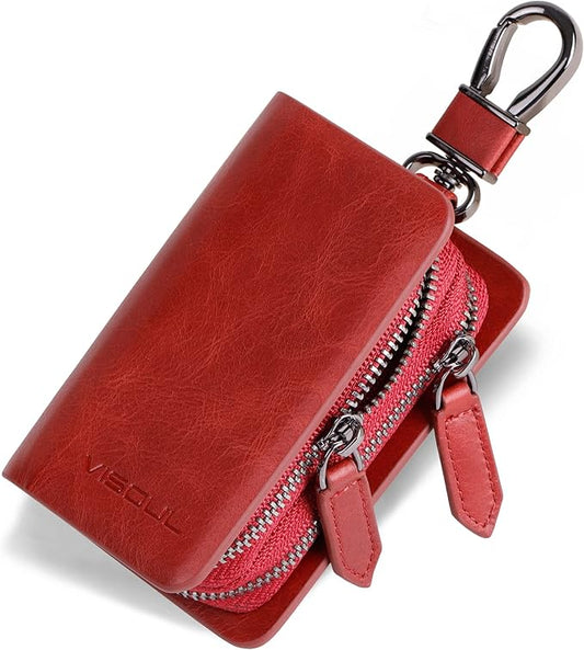 VISOUL Car Key Case Holder Double Zipper, Leather Car Smart Key Fob Case with Keychain for Men and Women