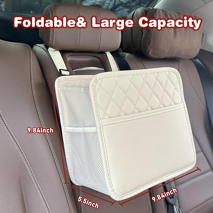 Witaxima 2 Pack Upgraded Car Seat Organizer Backseat with Storage Pockets, Multipurpose Car Organizer Hanging Car Trash Bag Premium PU Leather Garbage Can 2.14 Gallon Large Capacity Accessories Beige