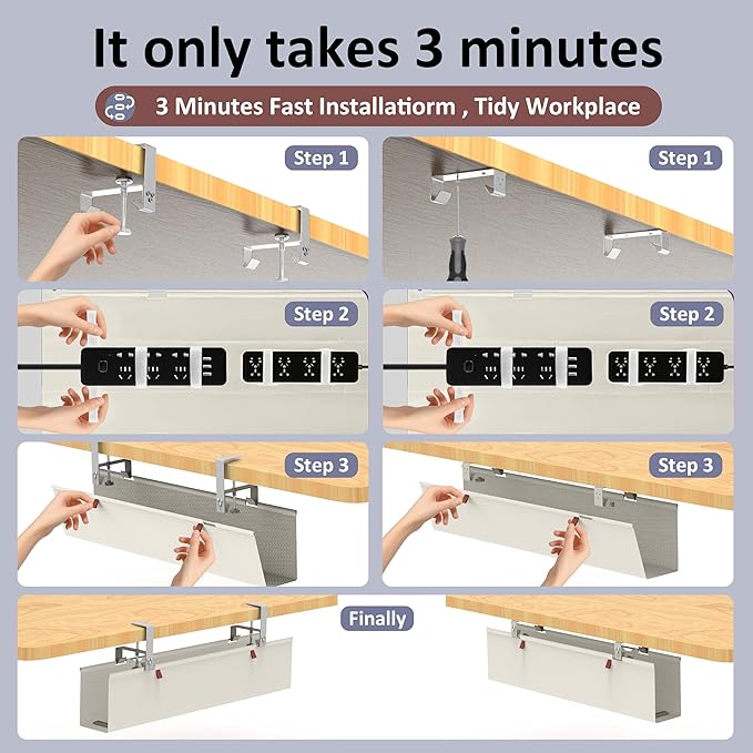 36" Under Desk Cable Management Tray for Home Office, No Drill Cord Organizer for Glass & Wood Table, Anti-Sag Oxford Fabric Wire Management Hider, Fits Surge Protector (Beige, 35.8")