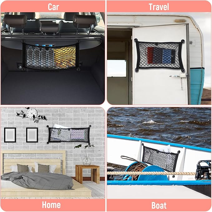 3pcs Small Cargo Net Pocket Elastic Mesh Netting 25inx9.25 Inch Stretchable Automotive Cargo Net Storage Pouch with Metal Hook and Screws Universal for Trunk RV Boats SUV
