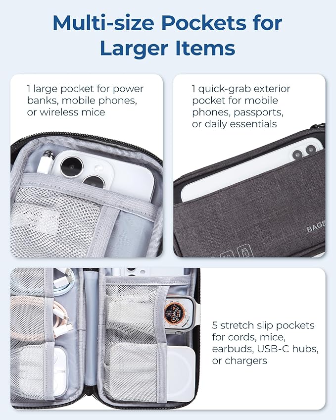 BAGSMART Small Travel Cable Organizer, Tech Organizer for Charger, Phone, Black