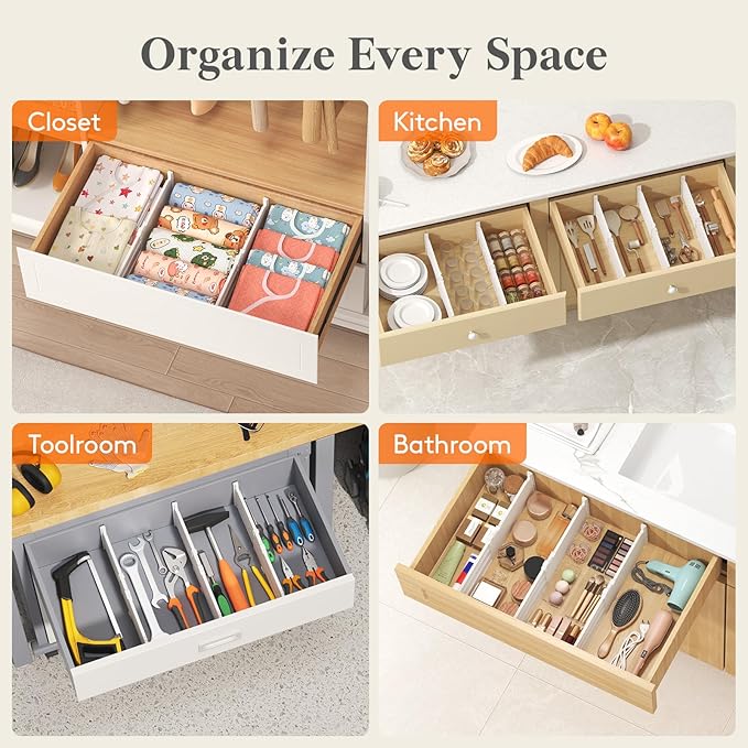 Lifewit 5" Tall 4 Pack Drawer Dividers, 30-47cm/11.5-18.5" Expandable Drawer Divider for Clothes, Adjustable Dresser Drawer Organizers, Drawers Separators for Dresser/Bathroom/Closet/Kitchen White