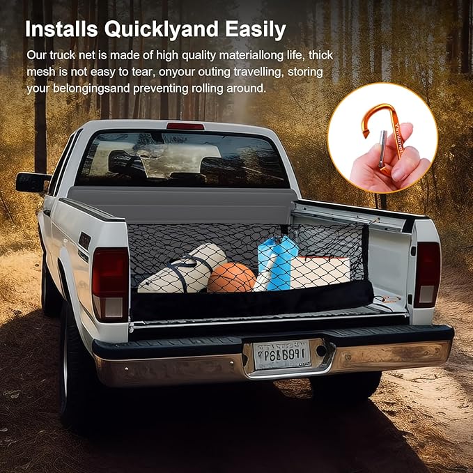 Highly Elastic Truck Bed Cargo Net Compatible with 2015-2025 Ford F150 and Fits 2019-2025 Dodge Ram 1500, Truck Cargo Net for F150/Ram 1500 Accessories, Upgraded Storage Bag & Heavy Duty Carabiners