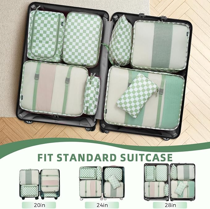 BAGAIL 8 Set Packing Cubes Luggage Packing Organizers for Travel Accessories-Matcha checkered