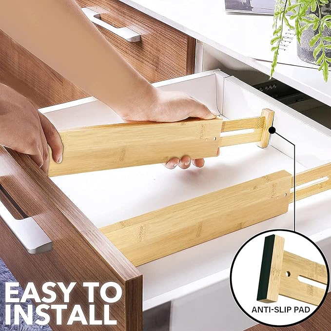 Adjustable Bamboo Drawer Dividers for Clothes, Kitchen Utensils, Office Desks, Bathroom Accessories, Socks and Underwear, and Personal Items, 4 Dividers with 4 Partitions