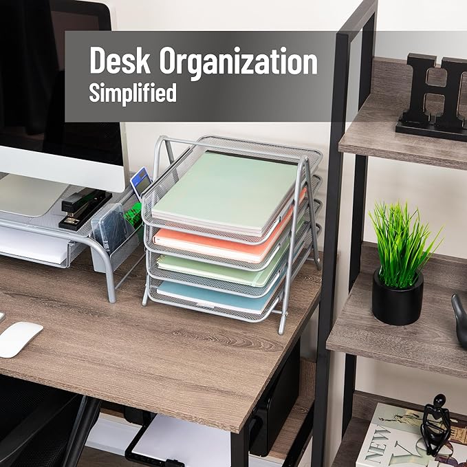 Mind Reader 4-Tier Paper Tray, Desktop Organizer, File Storage, Office, Metal Mesh, 12"L x 13.75"W x 12.5"H, Silver