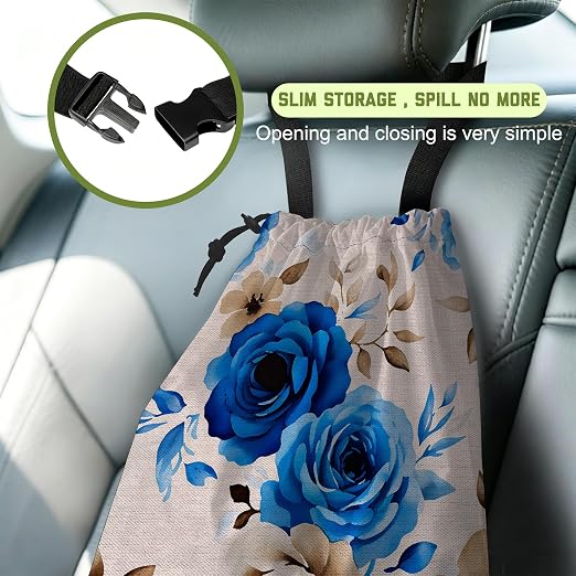 Car Garbage Bag Vintage Blue Roses Hanging Canvas Car Trash Bag Waterproof Drawstring Car Back Seat Organizer for Car Back Front Seat Console with Adjustable Buckle