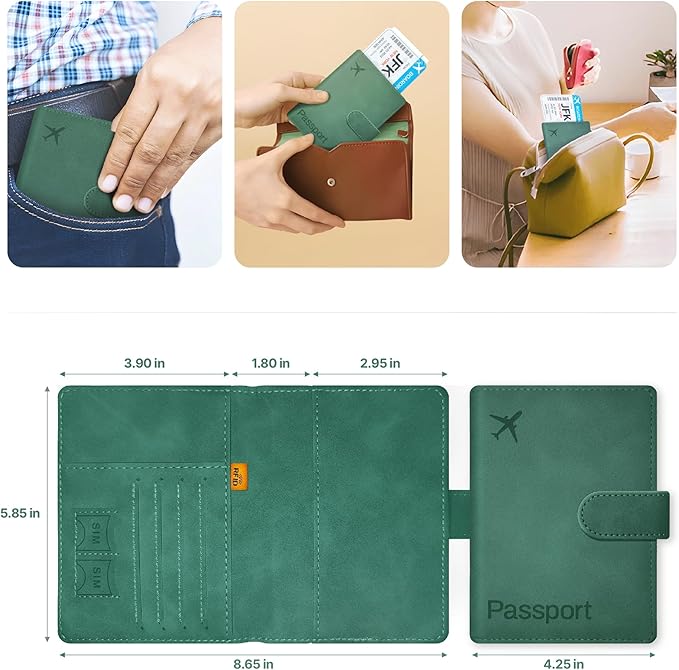 Passport Holder Cover Wallet, RFID Blocking Travel Document Organiser, Must Haves Travel Accessory, Leather Wallet Card Case – Essentials for Men & Women (Green)