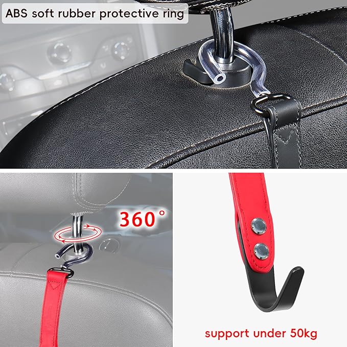 2 Pack Car Hook Holder Leather Headrest Hooks for Purses and Bags,SUS304 Car Hook(Red)