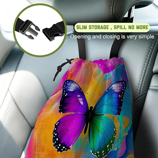 Car Trash Bag Colorful Fluid Butterfly Hanging Drawstring Car Organizer and Storage Bag with Adjustable Buckle Canvas Garbage Bin for Back Seat or Hanging Headrest Car Decor Road Trip Essentials