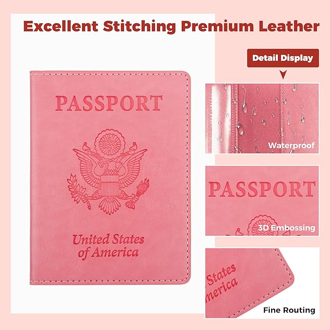 Passport Holder for Travel Men Women - Passport Cover, Passport Wallet Case Travel Essentials Travel Must Haves Accessories Blocking Leather Card Slot Protector for Stocking Stuffers Gifts, Pink