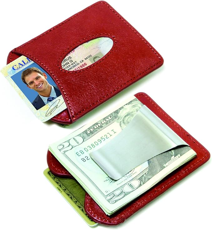 Storus Smart Money Clip Leather, Slim Minimalist Leather Card Holder + Metal Money Clip Made of Fine Italian Tanned Leather for Men, Women, Gift - Red Wine Color