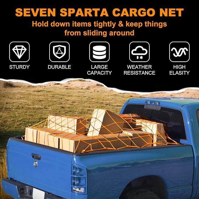 Seven Sparta 5’ x 7’ Bungee Cargo Net Stretches to 10' x 14' for Truck Bed, Pickup Bed, Trailer, Trunk, SUV with 16 Bonus D Clip Carabiners Car Organizer Net for Large Loads (Orange, 5'x7')