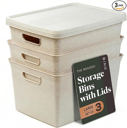 BINO | Plastic Storage Bins with Lids, 22 Liter - 3 Pack, Natural | THE BRAIDED COLLECTION | Plastic Bins for Organization Woven Storage Baskets for Organizing Pantry Shelf Organizer Basket Bin