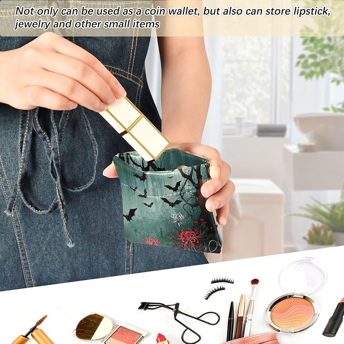 Bats Women's Waterproof PU Leather Coin Purse, Slim Travel Wallet with Zipper - Compact Card Holder & Jewelry Organizer for Cash, Keys, Lipstick