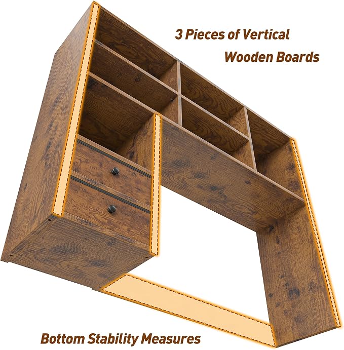 REIBII Desktop Bookshelf, High-Capacity Desk Hutch Organizer with 7 Shelves and 2 Drawers, Adjustable Bookshelf Storage, Desk Shelf for Top of Desk, Desk Hutch Dorm, Rustic Brown
