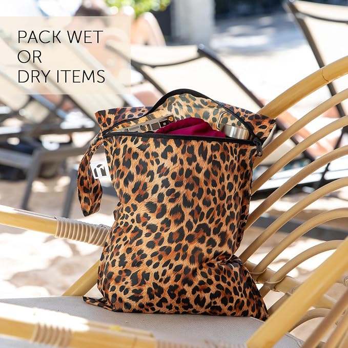 Bumkins Roamio Travel Set – Waterproof Wet Bag, Wet/Dry Clutch, 3 Clear TSA Pouches – Reusable Organizers for Swim, Gym, Toiletries, Baby Gear, Pump Parts, Beach, Pool, Travel, Leopard 5-pc Set