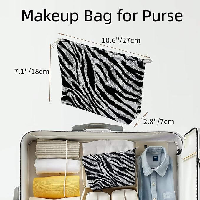 Zebra Print Makeup Bag for Women,Travel Make up Bag with Zipper Lining, Canvas Makeup Pouch for Purse, Cosmetic Pouch for Toiletry, Cosmetic, Sunscreen, Hygiene, Skincare, SPF, Medicine, Sunblock