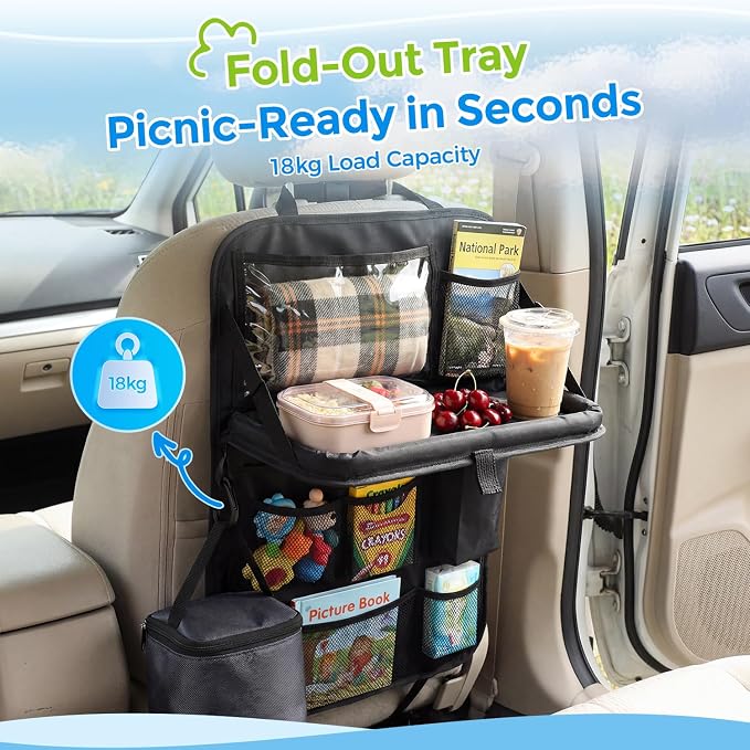 Tsumbay Backseat Car Organizer with Foldable Tray, 9 Pockets, Kick Mat Seat Protector, 18KG Capacity, Waterproof Oxford Fabric for Kids, Family Travel - for Car, SUV, Van (Oxford-2Pck)