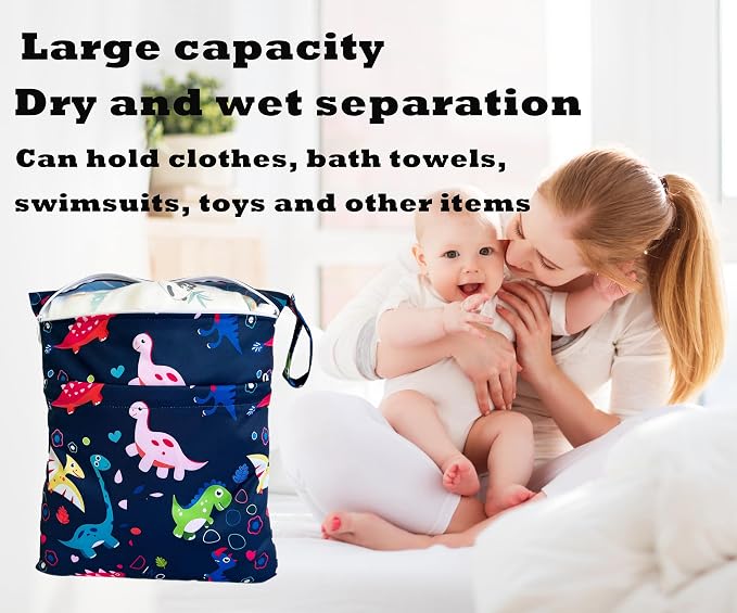 Wet Dry Bag for Cloth Diapers, 2PCS Waterproof Reusable Wet Bag with Zippered Pockets, Washable, Reusable for Travel, Beach, Pool, Stroller, Diapers, Dirty Gym Clothes, Swimsuits, 14x12In & 12x11In