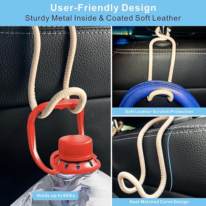 Car Seat Back Organizer Hooks 2 Pack - Space Saving Car Headrest Hangers with Anti-Drop Loop for Women Men, Universal Car Bag Holder for SUV Truck for Front and Back Seat Storage - Beige Leather/2S