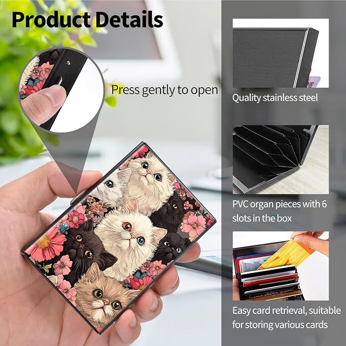 Metal Wallet, Credit Card Holder for Women Men Girls, RFID Blocking Aluminum Wallet Slim Hard Case, Mini Travel Wallet, ID Card Holder Business Card Case,Cats Flower