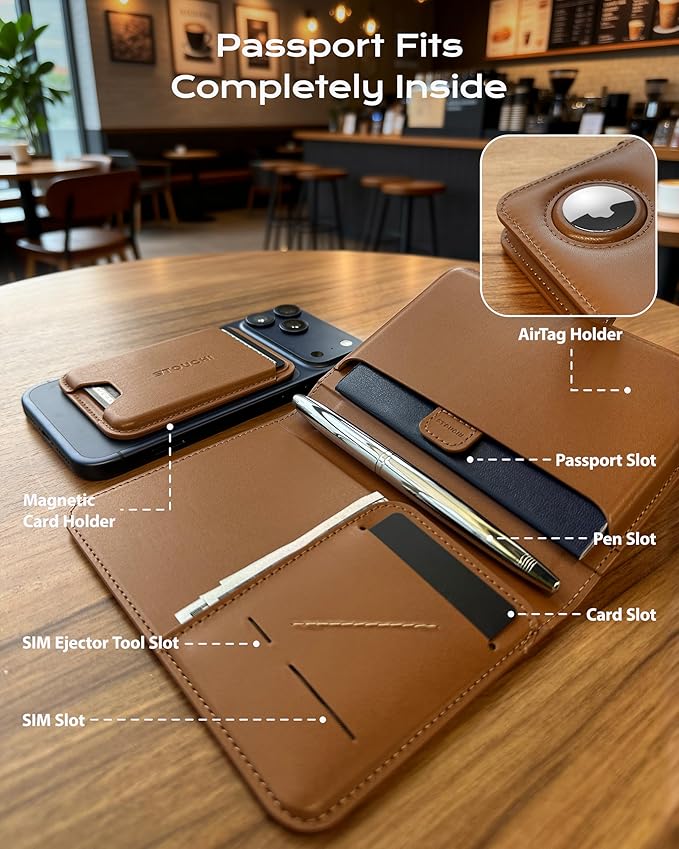 Stouchi AirTag Passport Holder with Detachable Magnetic Card Case, Passport Holder for Travel, RFID-blocking, 1-Second Pull Strap & One-Hand Access, Premium Vegan Leather Travel Document Organizer