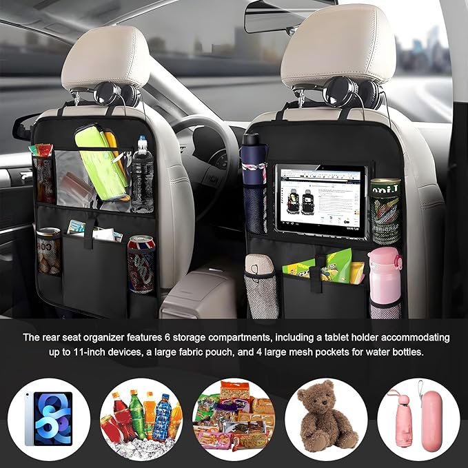 Car Seat Back Organizer, Auto Multi-Pockets Backseat Storage Bag with Tablet Holder, Waterproof Oxford Cloth Seat Back Protector Kick Mat for Most Vehicles, Car Accessories (Style A)