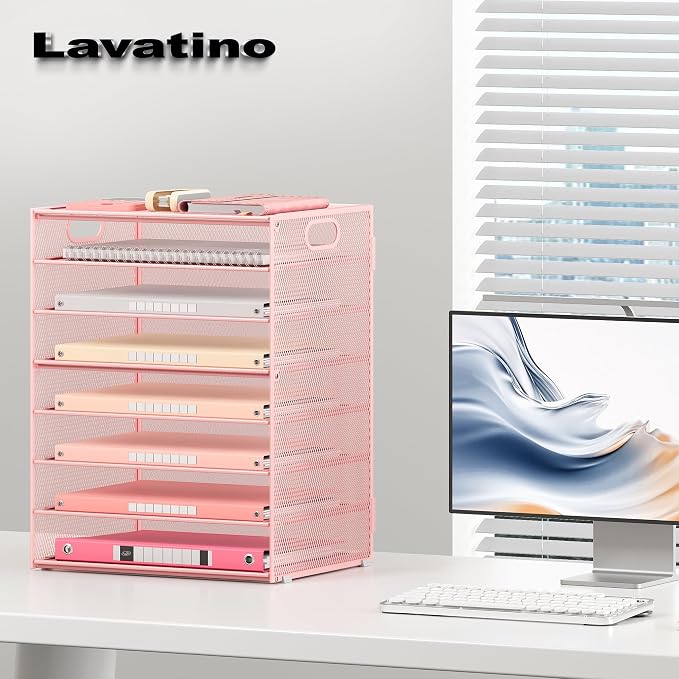 Lavatino 8-Tier Letter Tray Desk Paper Organizer, Mesh File Sorter Tray Organizer for Desk Office Supplies & Home Organization, Fits A4 Paper, Mail, Magazines and Office Accessories (Pink with Handle)