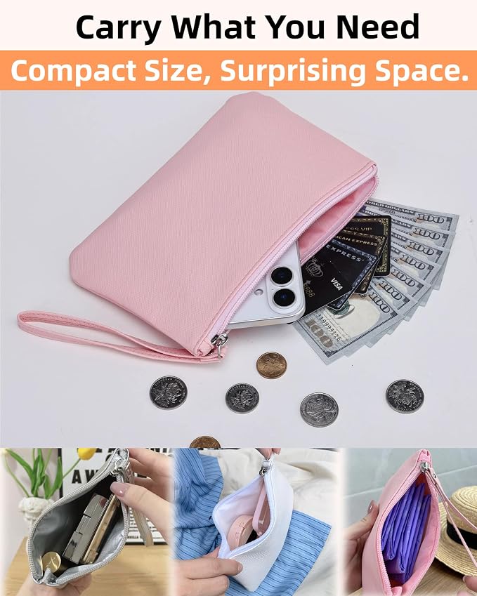 2 Pack Small Zipper Pouch Mini Makeup Bag for Purse Lipstick Cosmetic Travel Make Up Organizer for Women Essentials Feminine Products, Car Change Coin Holder 8x5 Phone Wristlet Wallet, Pink