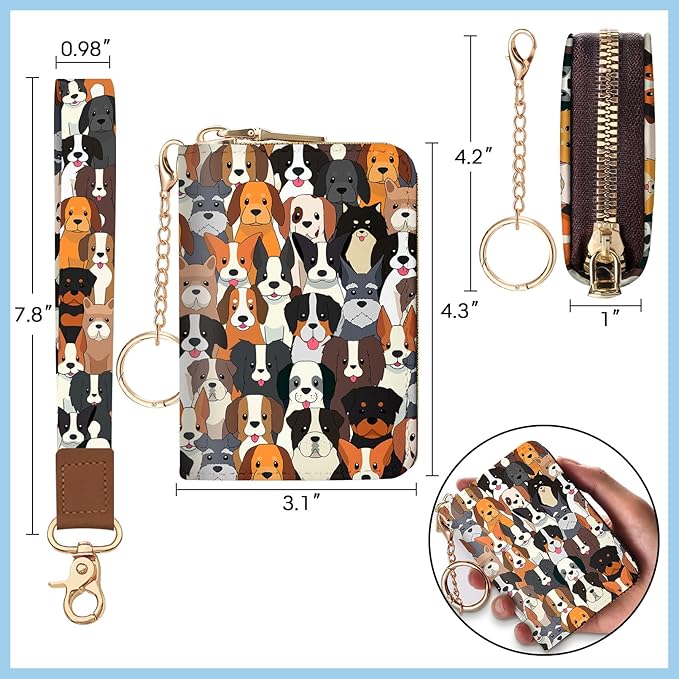 Blusabaca Credit Card Holder for Women, Dogs Small RFID Blocking Wallet with Wristlet Strap, Keychain Wristlet Zipper Women Wallet, Leather Card Case, Accordion Card Wallet Purse with Key Lanyard