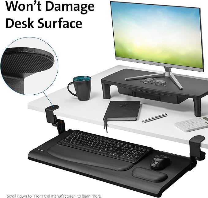 Kensington Clamp-On Keyboard Tray, Under Desk Keyboard Drawer with Cable Management, Ergonomic Smartfit Slide-out Height Adjustable Keyboard Holder, Black 13.3"x32.4"x2.4" K55407WW