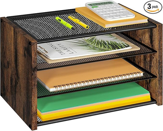 DAOUTIME 3-Tier Paper Letter Tray, Wooden Desk File Organizer, Stackable Metal Mesh Desk Organizer for Office Supplies. Small Paper Trays for Home Office School, Rustic Brown