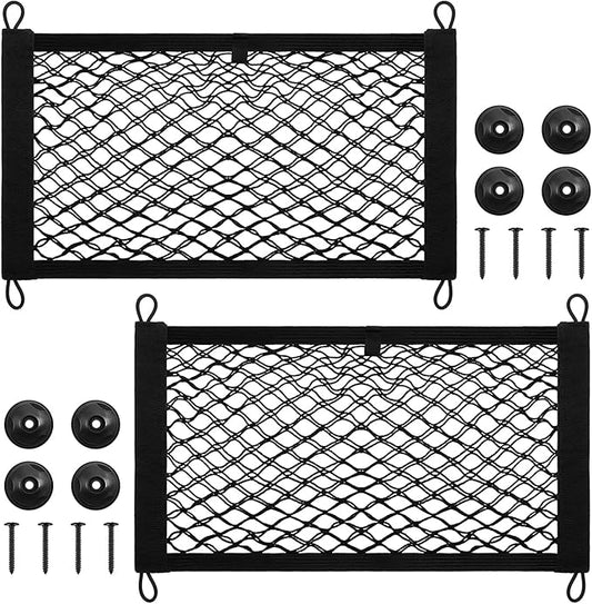 Frienda 2 Pieces Stretchable Small Cargo Net Pocket Storage Mesh Net Elastic Automotive Storage Pouch with 8 Pieces Mounting Screws and Hooks for Truck Car SUV Boats(17.7 x 9.8 Inches)