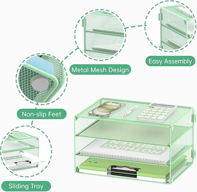 DALTACK 3 Tier Letter Tray Paper Organizer for Desk, Mesh Metal Desk File Organizer with Sliding Trays for Letter/A4 Paper, Mail, Bills & Folders, Mint Green