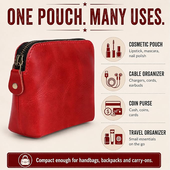 Full Grain Leather Cosmetic Bag – Zippered Makeup Pouch for Women, Small Travel Toiletry & Organizer Pouch for Purse, Premium Handmade Leather (5 × 4 × 2.5 in)