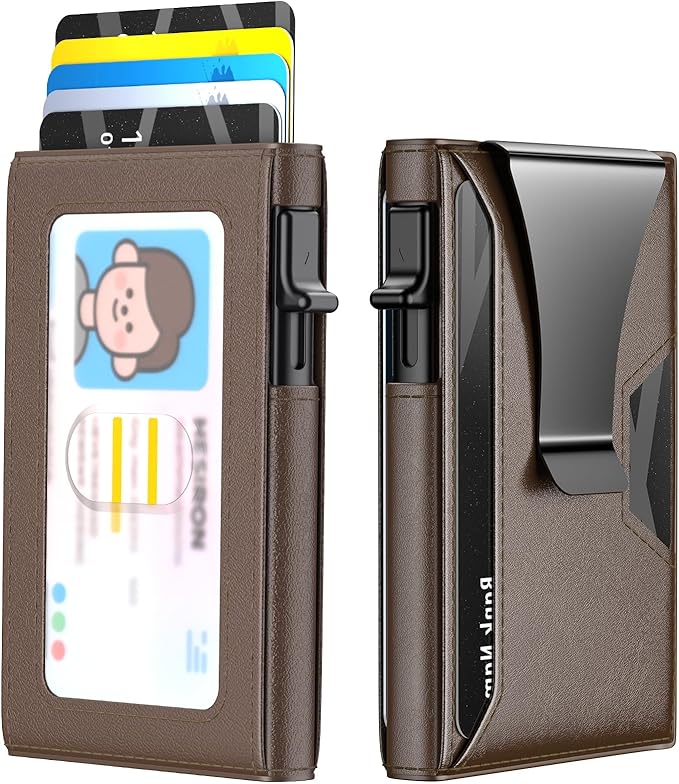 Wallet for Men Slim Minimalist Pop-up Smart Holds 5-6 Cards - RFID Blocking Metal with Money Clip, Credit Card Holder & ID Window,Business Card Cases, men accessories (Coffee)
