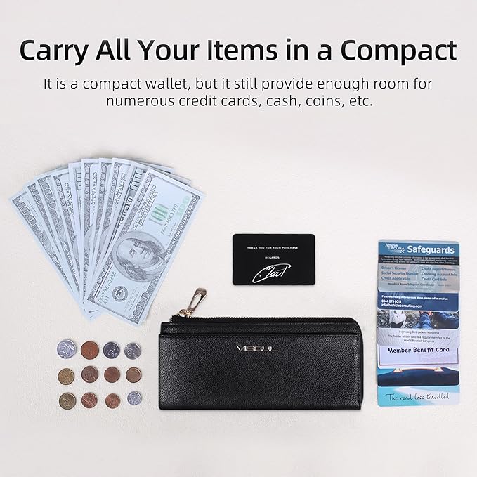 VISOUL Womens Leather Long Zip Around Clutch Wallet with Coin Pocket 12 Card Slots, Slim Thin RFID Blocking Cash Wallets for Women Large Capacity Organizer (Black and Ivory)