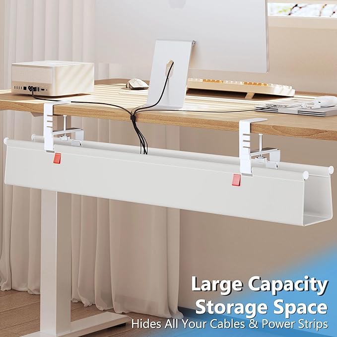 Litwaro Under Desk Cable Management Tray No Drill, 28.4" Cord Organizer with Clamp for Standing Desk, Premium Fabric Cable Tray with Wire Management for Office Home, White