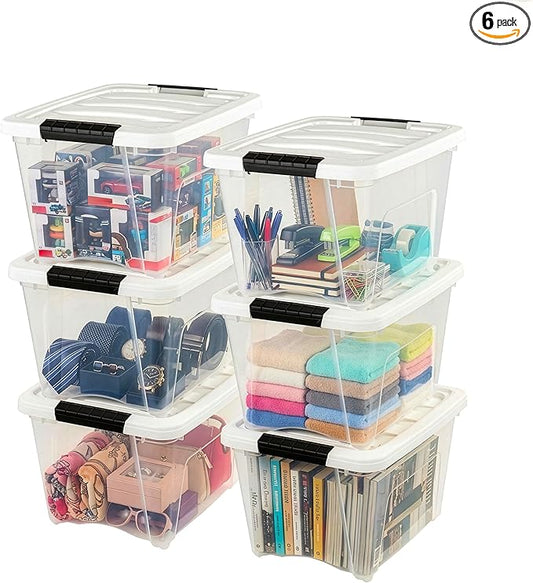IRIS USA 19 Qt Stackable Plastic Storage Bins with Lids, 6 Pack - BPA-Free, Made in USA - See-Through Organizing Solution, Latches, Durable Nestable Containers, Secure Pull Handle - Clear/White