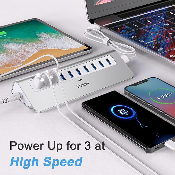 Powered USB Hub 10Gbps, 10 Port USB 3.2 Gen 2 Hub with 7 USB 3.2 Data Ports, 3 Fast Charging Ports, 36W Power Adapter, Type A and Type C Cable, Aluminum USB Data Hub for Mac, PC, Laptop