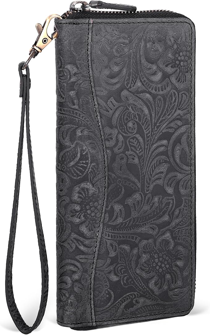 Oak Leathers Leather Wallet for Women - RFID Womens Wallet Clutch with 8 Credit Card Holder, Coin Pocket, Gift for Women’s, Ladies Purse (Hunter Embossed Black)