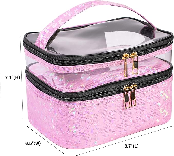 3 Pieces Makeup Bags Double Layer Travel Large Holographic Cosmetic Cases Organizer Toiletry Bags Waterproof Small Zipper Pouch for Women Makeup Brush Storage Bag,Light Pink