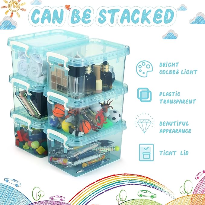 Wenqik 6 Pack Colorful Plastic Storage Bins with Lids 4 Quart Small Storage Latch Box Stackable and Nestable Clear Organizer Bins with Latching Handle and Buckle for Organizing(Cyan)
