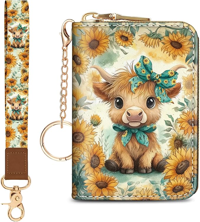 Blusabaca Wristlet Credit Card Holder for Women, Highland Cow Cattle Small RFID Blocking Wallet with Strap, Zipper Keychain Leather Card Case, Accordion Card Wallet Purse with Key Lanyard