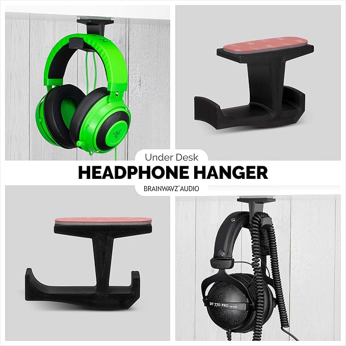 BRAINWAVZ BigJ Under Desk Headphone Stand (2 Pack) Hanger Holder Mount for Headphones, Gaming Headsets, Mobiles Accessories, Stick On, No Screws (Black)