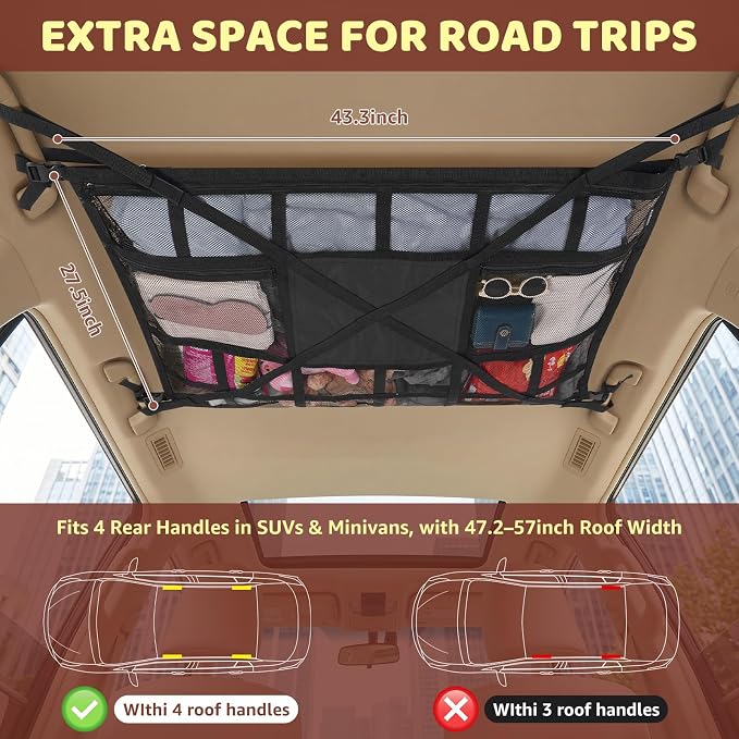 Extra Large Car Ceiling Cargo Net 43.3×27.5 Inch for SUV Minivan Truck Van,Roof Storage Organizer, Overhead Mesh Cargo Holder,Fits Most 4 Handle Vehicles for Road Trip Camping Travel