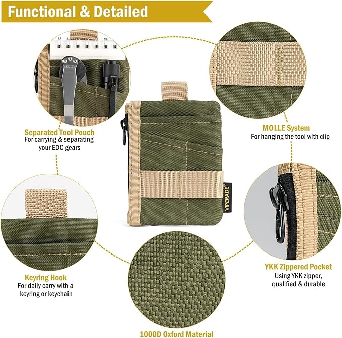 VIPERADE VE28 6-in-1 EDC Pouch, 500D Compact EDC Pocket Organizer, Molle Extension Tool Storage Bag, Small Coin Purse/Card Holder/Swiss Army Knife Pocket Pouch (Green/Tan)