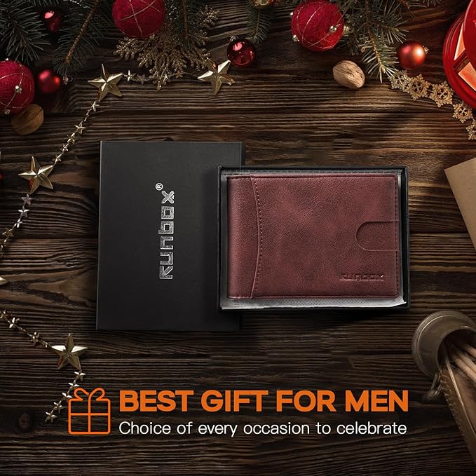 RUNBOX Slim Wallet for Men Genuine Leather RFID Blocking Bifold Minimalist Front Pocket Mens Wallet with Money Clip Thin Gift Box